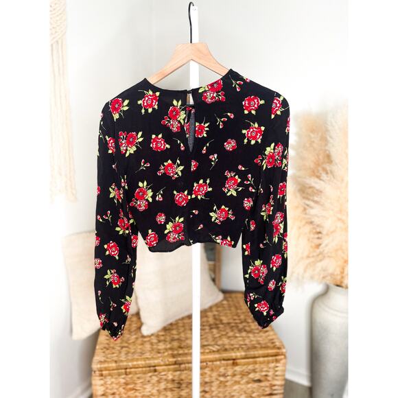 NWT Zara Floral Twist Front Long Sleeve Crop Top XS Black Romantic - Picture 6 of 8